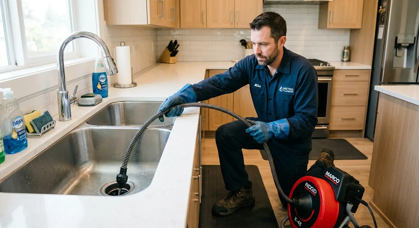 Drain cleaning technician using a motorized snake on a kitchen sink in Cortlandt