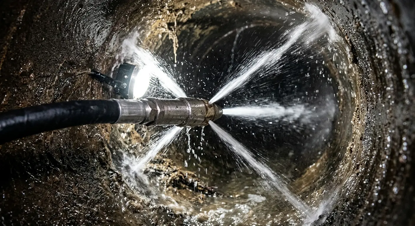 High-pressure hydro jetting nozzle cleaning sewer pipe for Trenchless Sewer Repair in Cortlandt