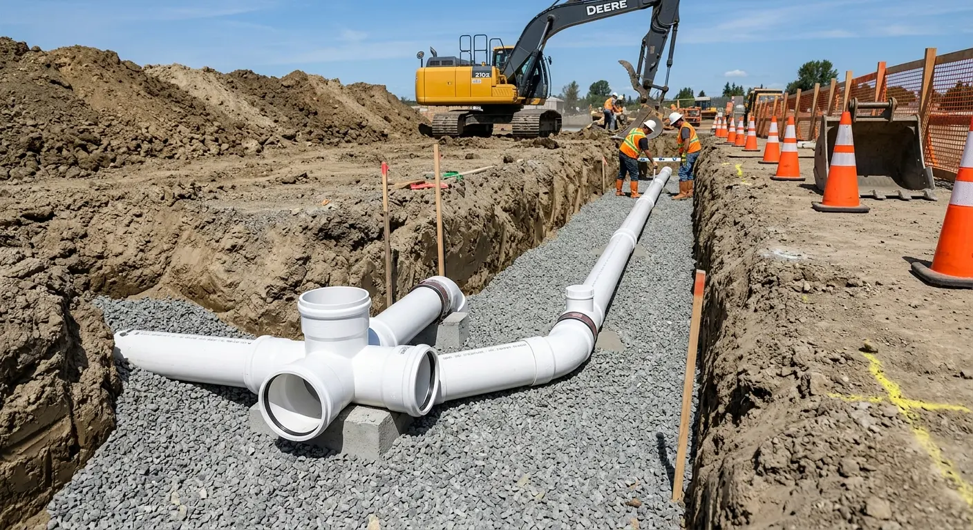 New PVC sewer pipe installation in open trench for Sewer Backup in Cortlandt