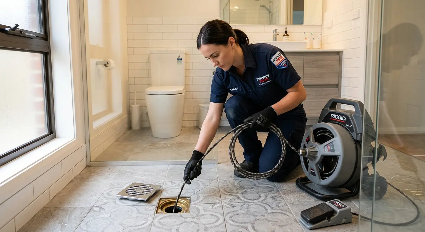 Technician clearing a bathroom floor drain for Sewer Line Installation in Cortlandt